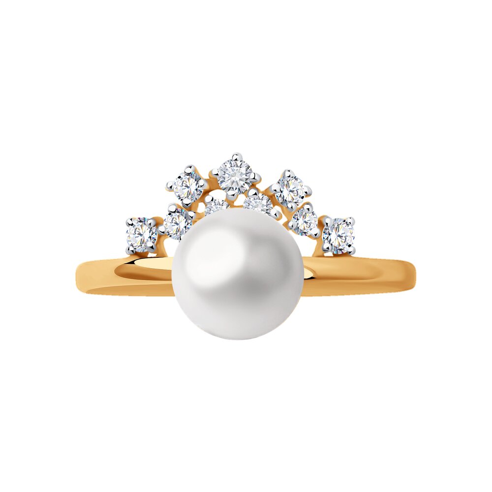 Inel din aur roz cu perla si pietre de zirconiu dispuse in forma unei coroane