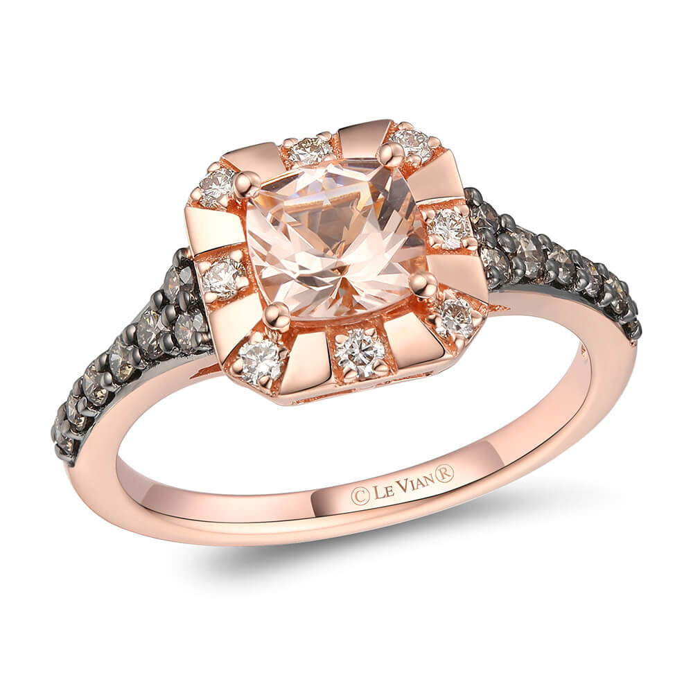 Inel din aur roz cu piatra de morganit montata central, inconjurata de diamante